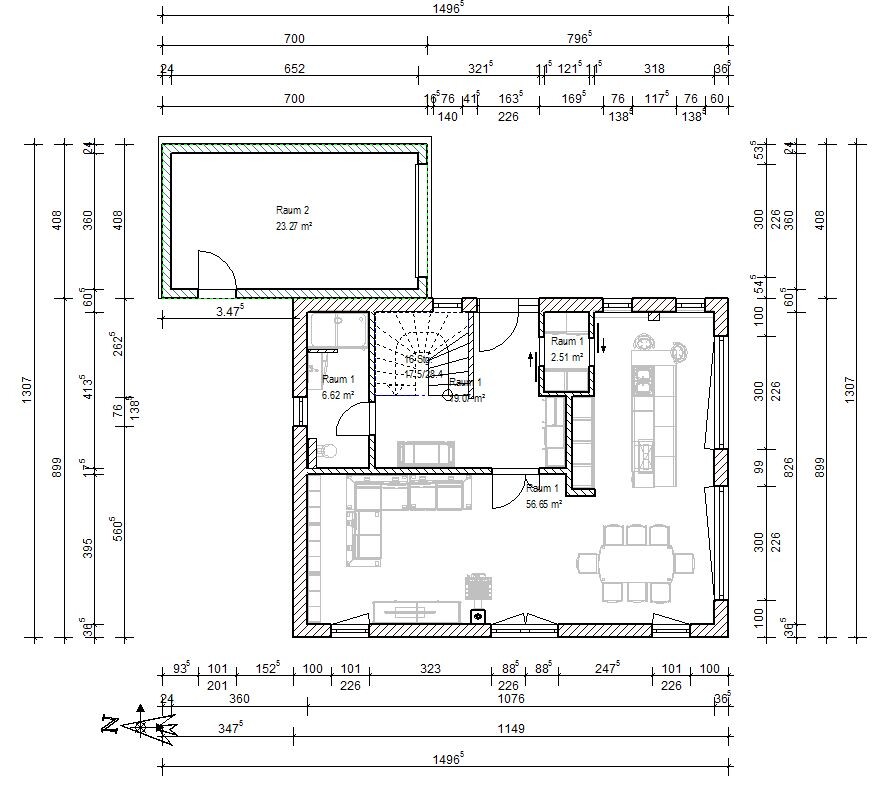2D-Grundriss eines Hauses mit Wohnzimmer, Küche, Flur und Schlafzimmer