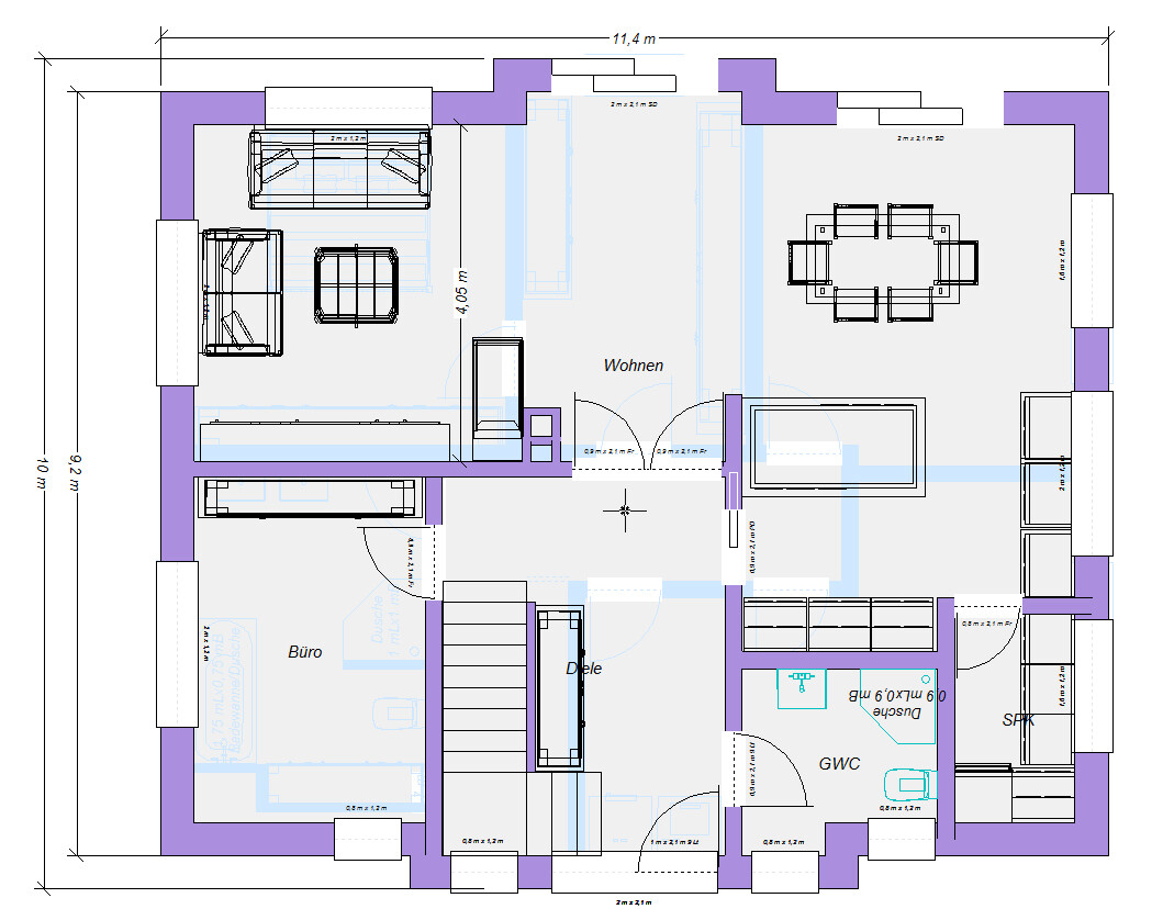2D Grundriss eines Hauses mit Wohnzimmer, Büro, Diele und Treppen