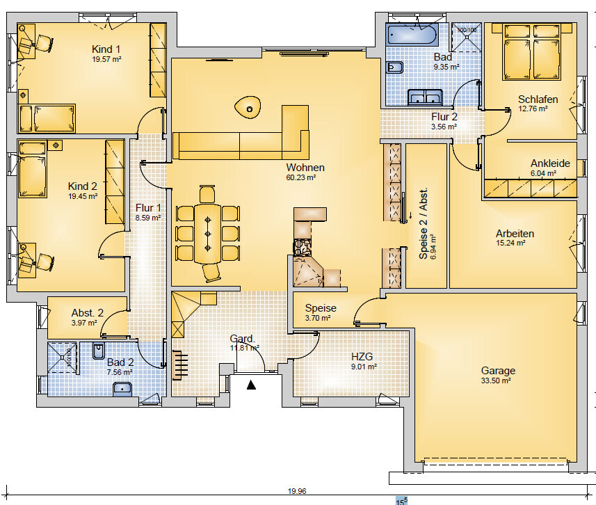 Grundriss eines Hauses mit Wohnen, Küche, Speise, 3 Schlafzimmern, Bad und Garage.