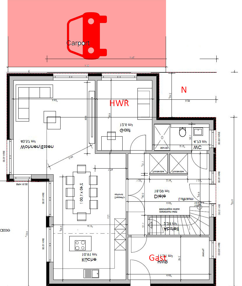 Grundriss eines Hauses mit Carport, Küche, Essbereich, Wohnzimmer, HWR und Treppe.