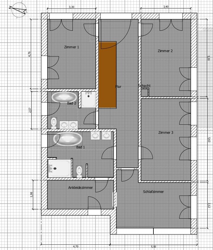 Grundriss eines Hauses mit Zimmern, Flur, Bad und Ankleidezimmer