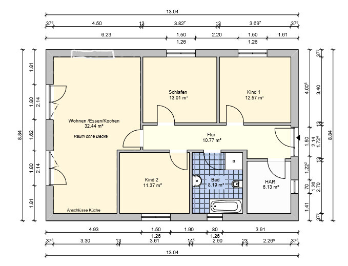 Grundriss eines Hauses mit Wohnzimmer, Schlafzimmer, Bad, Flur und Küche