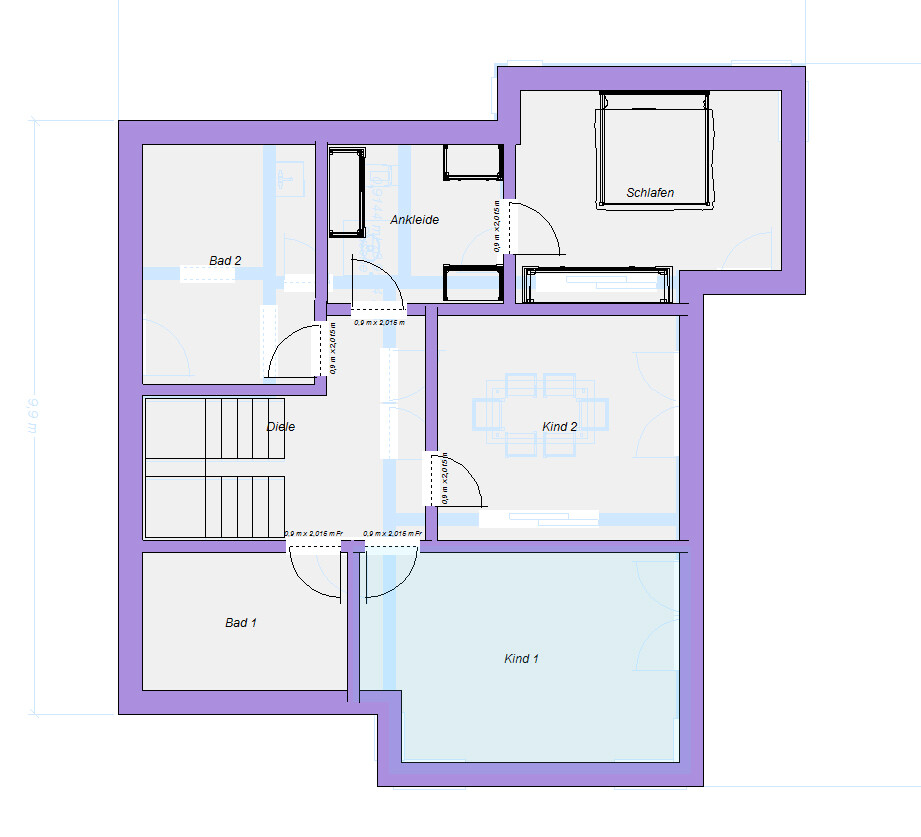 Grundriss eines Hauses mit Schlafzimmer, Bad 1, Bad 2, Diele, Ankleide, Kind 1 und Kind 2