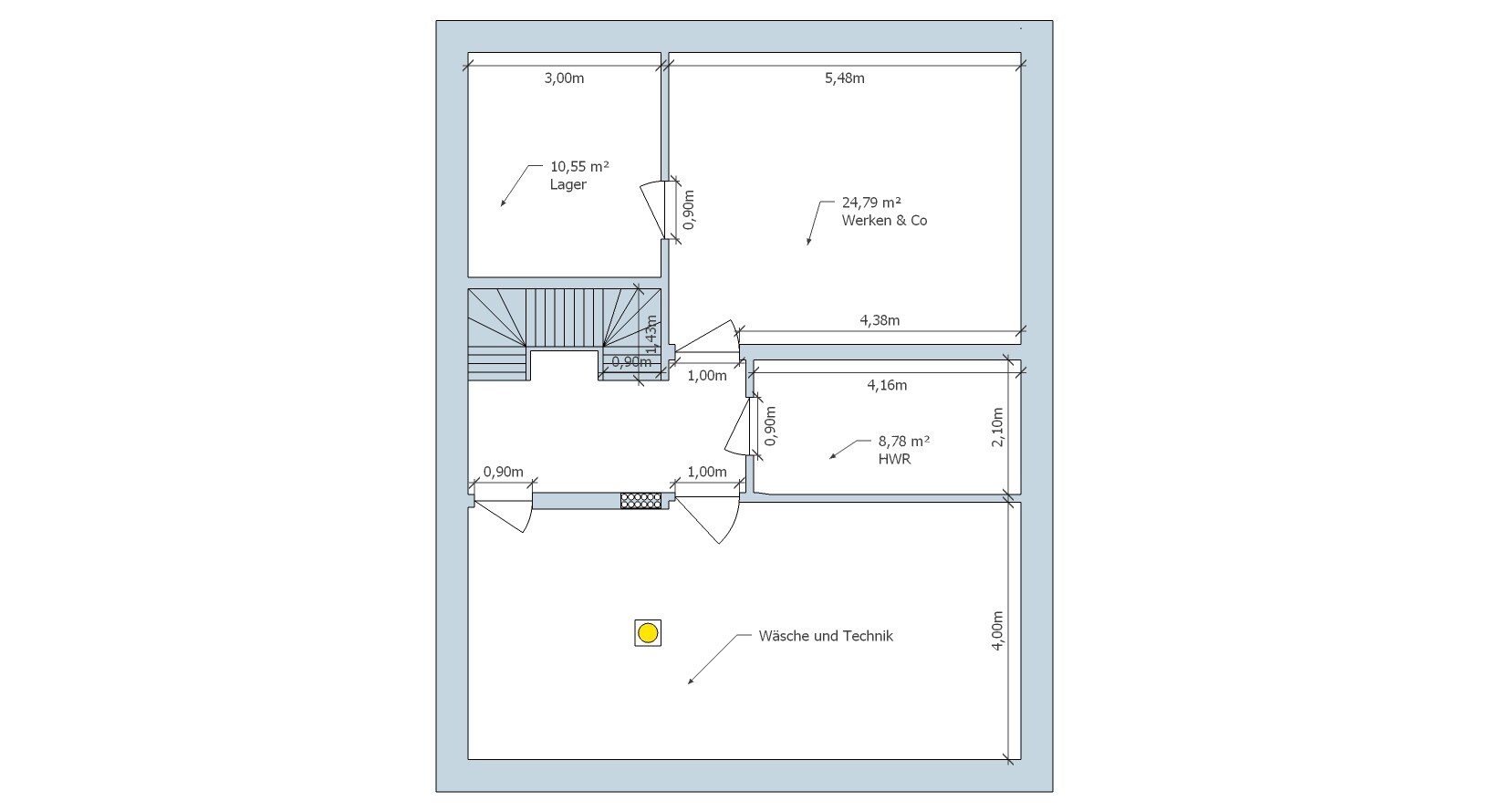 Grundriss eines Gebäudeteils: Lager, Werkraum, HWR und Wäsche/Technik mit Treppen.