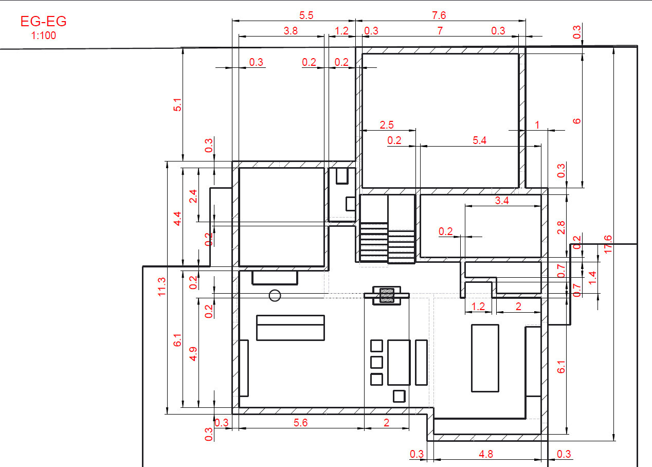 Technische Zeichnung eines Bauteils: Grundriss mit roten Abmessungen und Schraffuren