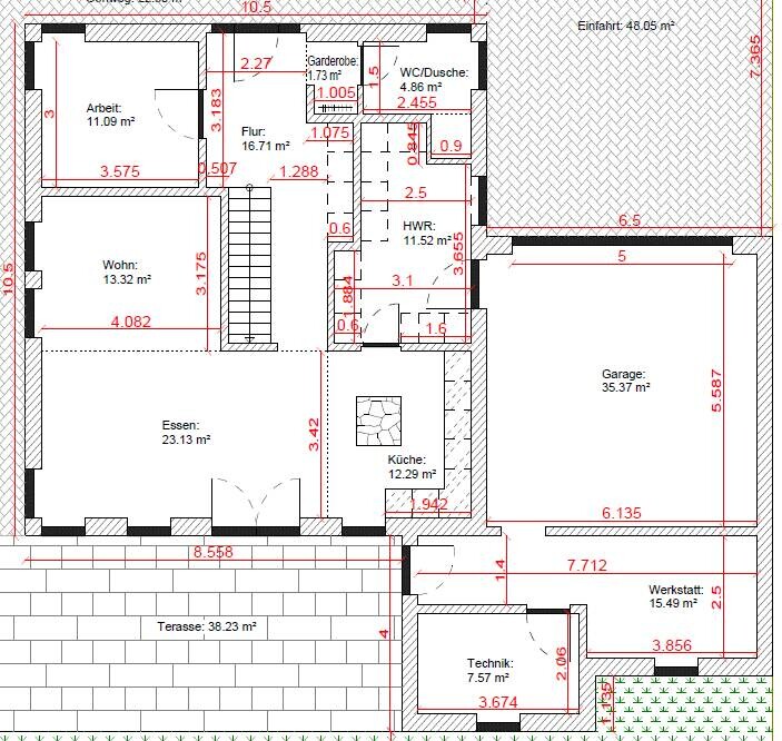 2D-Grundriss eines Hauses mit Räumen, Flur, Terrasse und Maßen