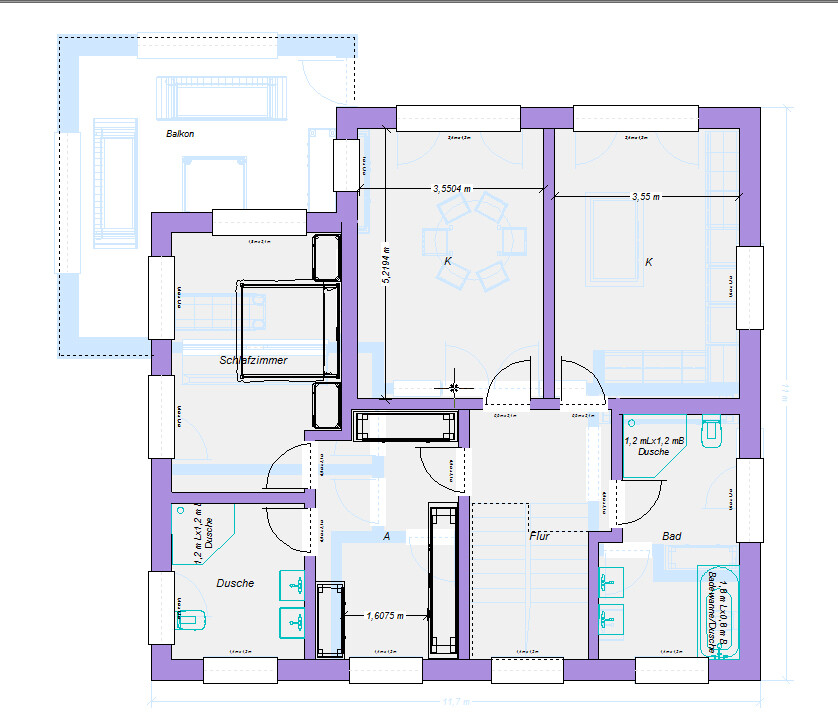 Grundriss einer Wohnung mit Flur, Küche, Schlafzimmer, Bad, Dusche und Balkon.