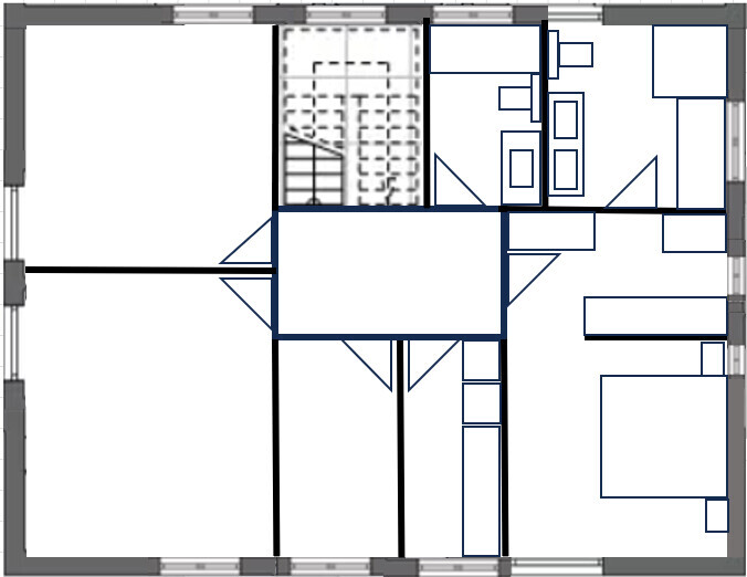 Grundriss eines Gebäudes mit mehreren Zimmern, Wänden, Türen und Treppen.