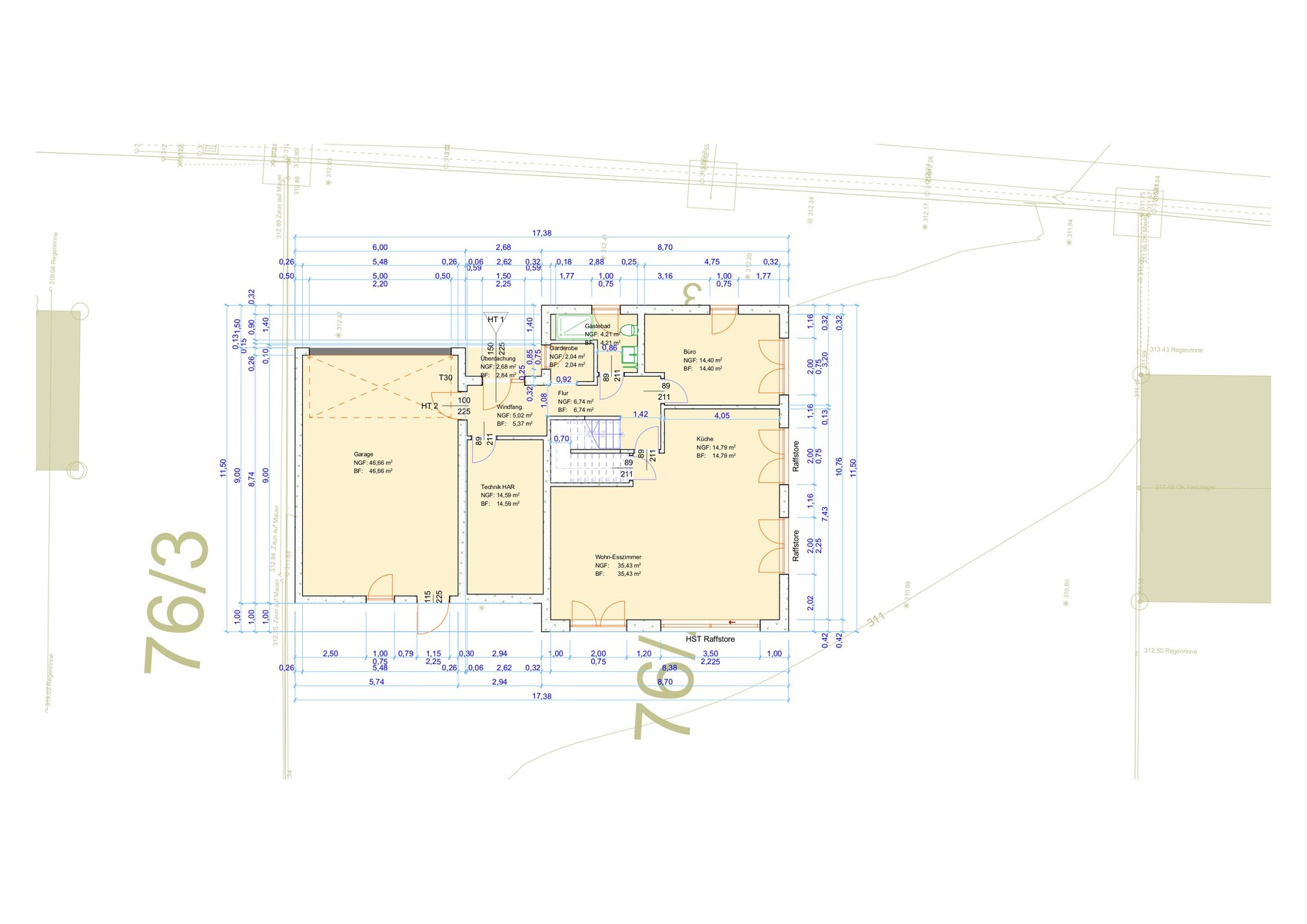 2D Grundriss eines Einfamilienhauses mit Garage, Wohn-/Essbereich, Küche und Flur