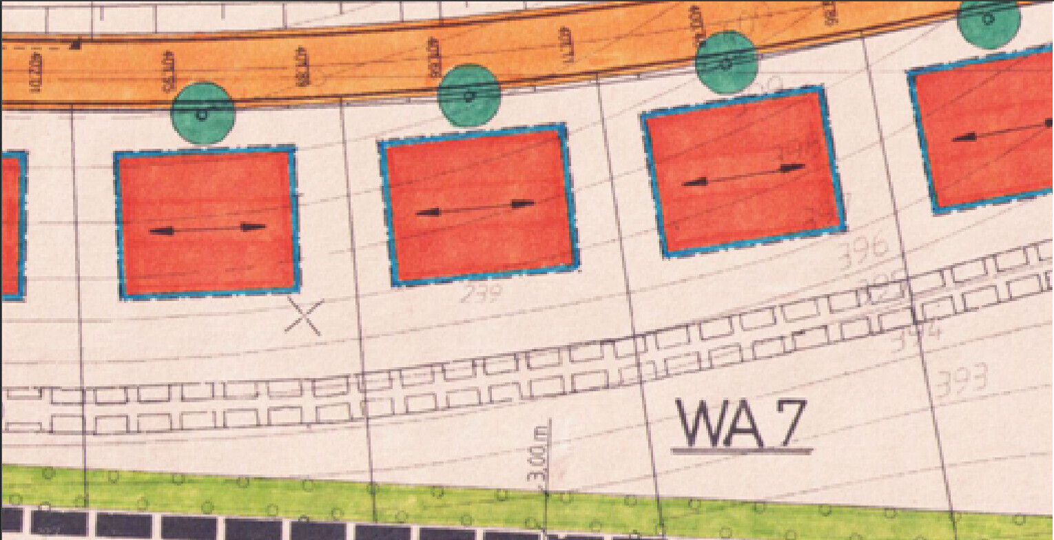 2D-Architektur-Plan Grundrisszeichnung mit roten Raumeinheiten
