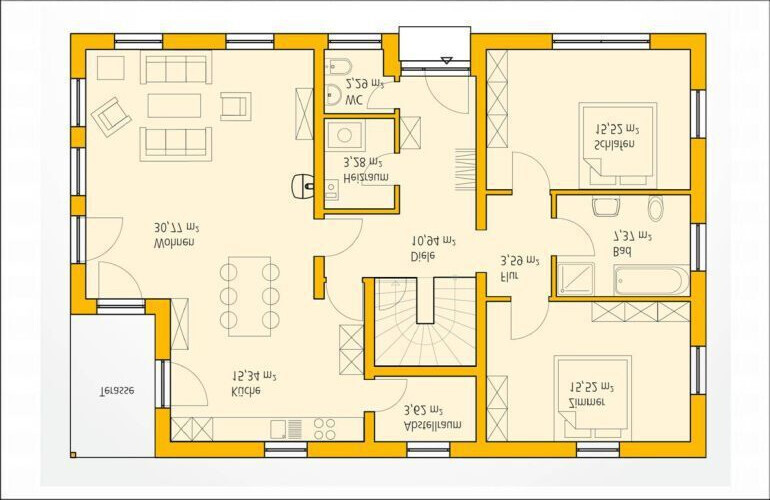 Grundriss eines Hauses mit Wohnzimmer, Küche, Essbereich, Schlafzimmern und Bad.