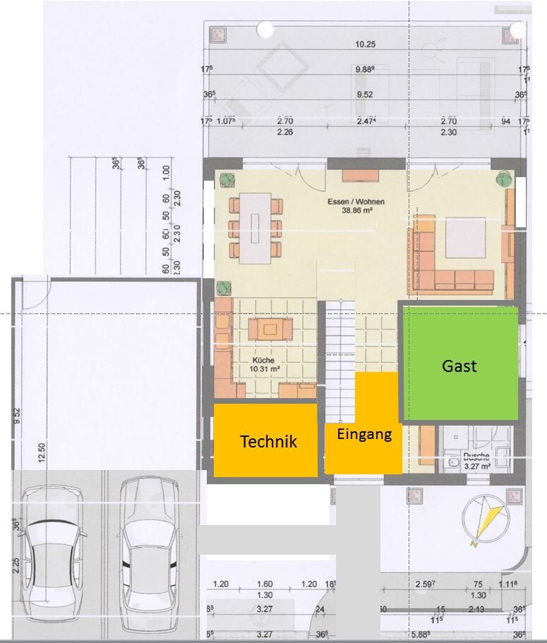 Grundriss eines Hauses mit Technik, Eingang, Gast, Küche und Essen/Wohnen; Garage mit zwei Autos.