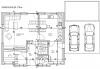 Zweidimensionaler Hausgrundriss mit Zimmern, Küche, Bad und Carport