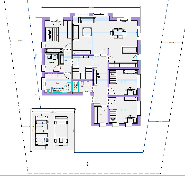 Grundriss eines Einfamilienhauses: Wohnzimmer, Küche, zwei Schlafzimmer, Bad, Diele und Garage.