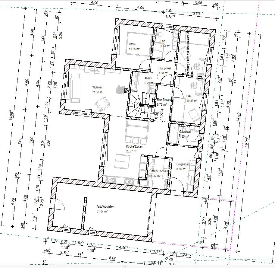 Grundriss eines Hauses mit Küche, Wohnen, Bad, Flur, Treppe und Gästezimmer.