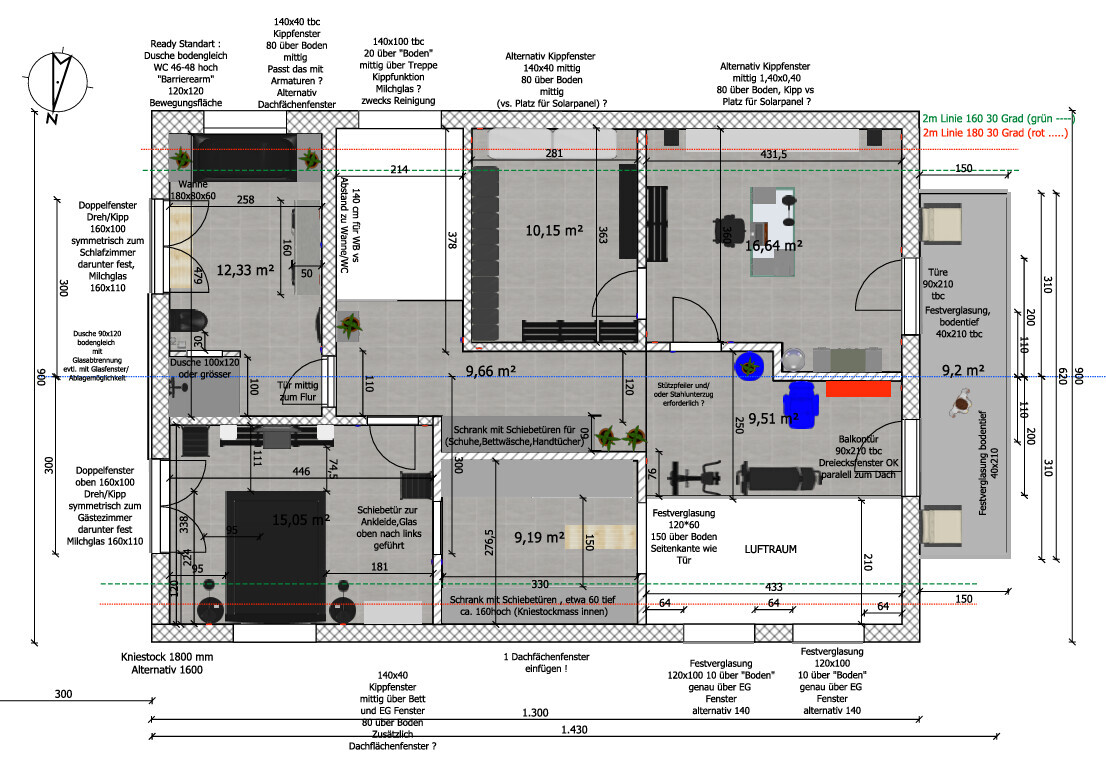 Grundriss einer Wohnung mit mehreren Zimmern, Türen, Fenstern, Möbeln und Maßangaben.