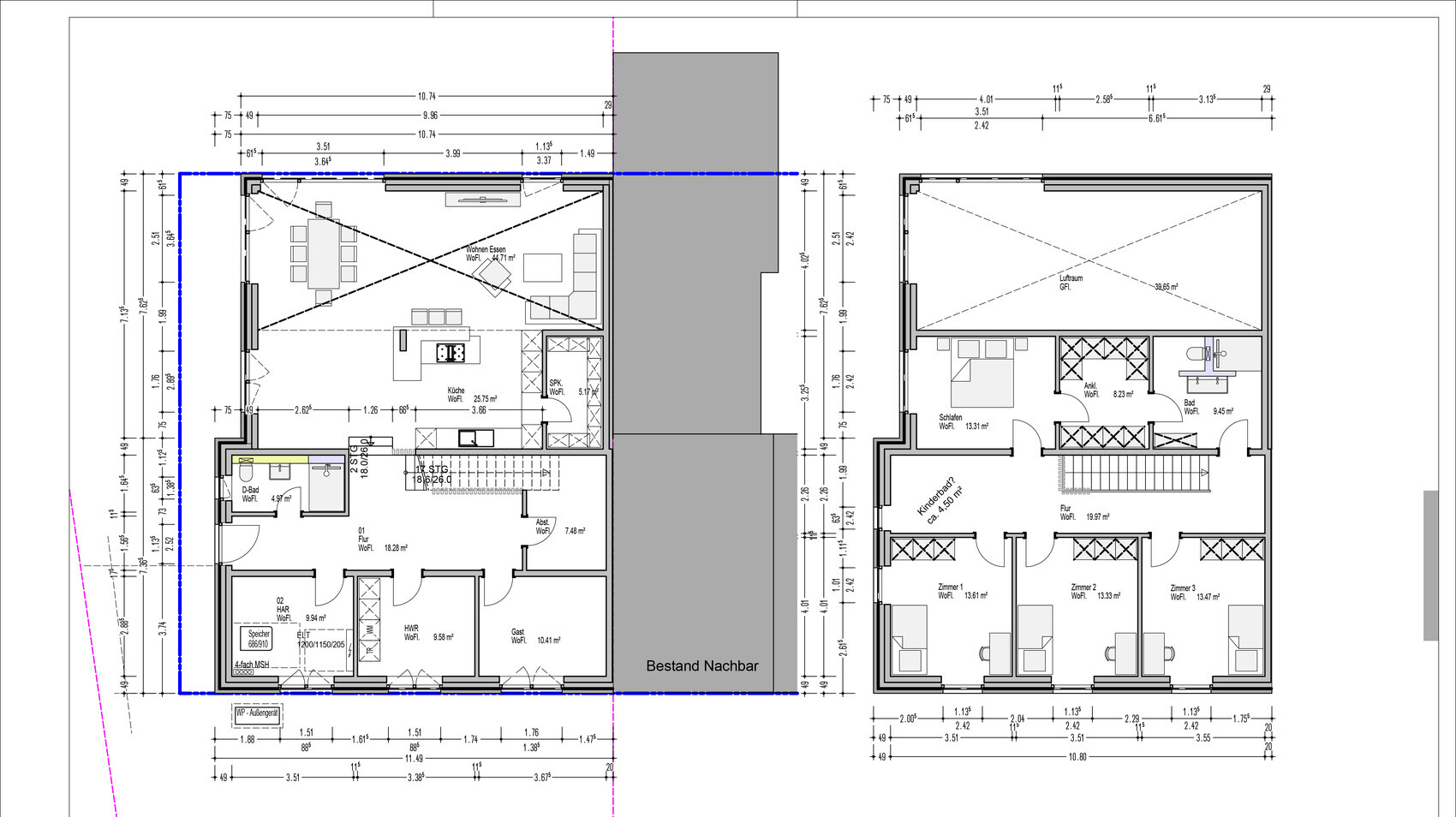 Doppelhaus-Grundrissplan mit Küche, Wohnzimmer, Schlafzimmer und Treppen