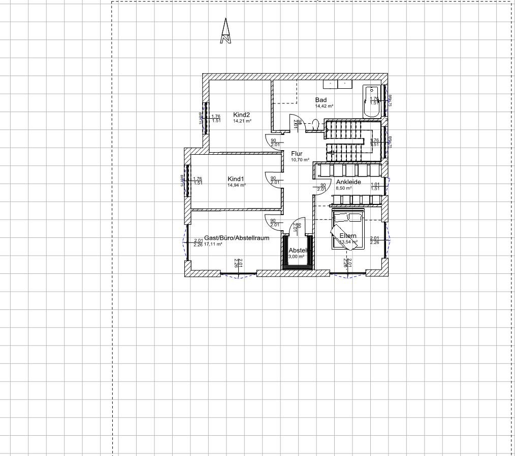 Detaillierter Grundriss eines Einfamilienhauses mit Bad, Flur, Eltern- und Kinderzimmer.