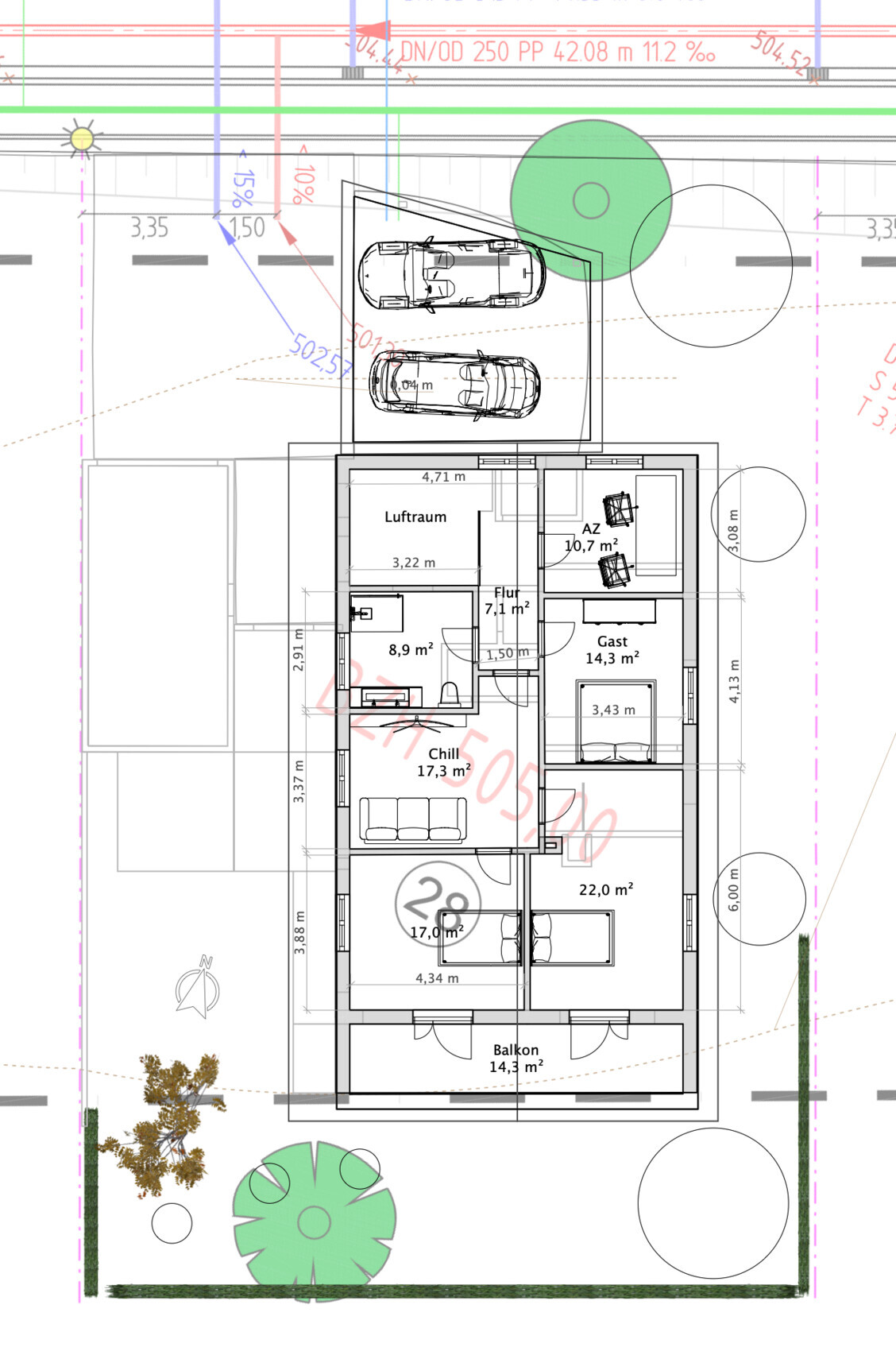 Grundriss eines Hauses mit Garage, Balkon, Garten und Räumen (Chill, Gast, Flur, Luftraum).