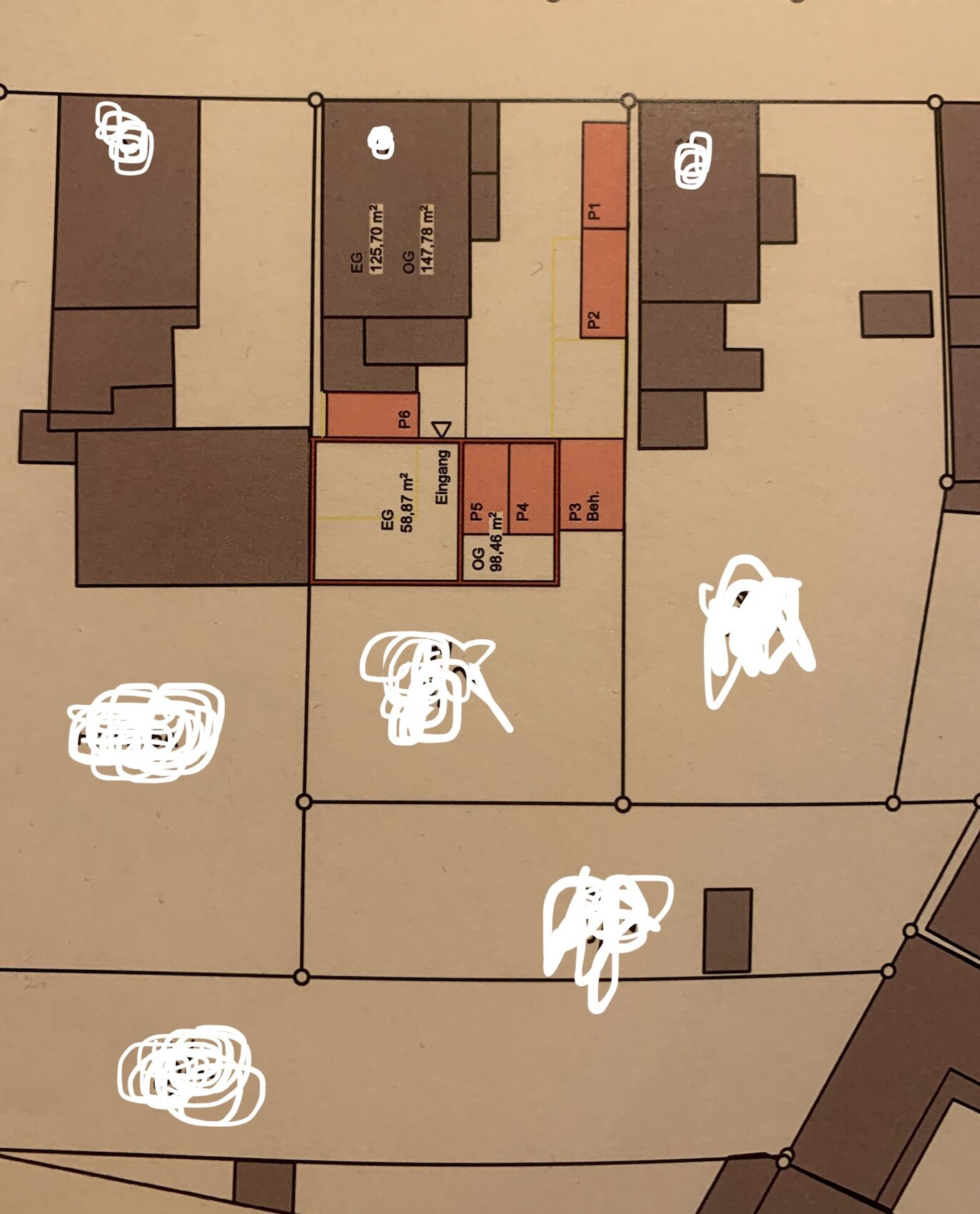 Grundriss eines Gebäudekomplexes: Parzellen, Eingänge, farbige EG/OG-Flächen der Anlage.