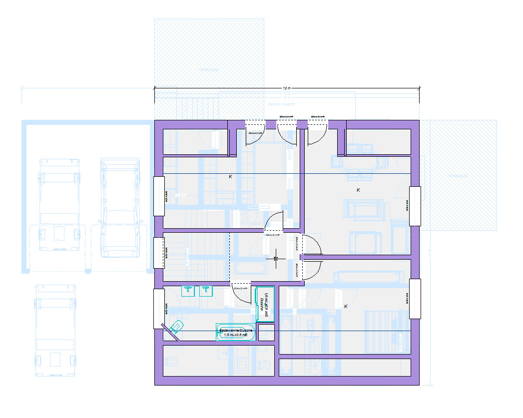 2D-Grundriss eines Hauses mit Küche, Wohnzimmer, Fluren und Türen, farblich markiert.