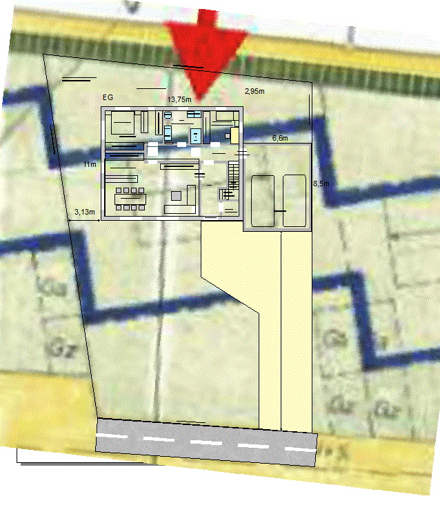 Grundrissplan eines Hauses auf Grundstück mit EG-Layout und Zufahrt