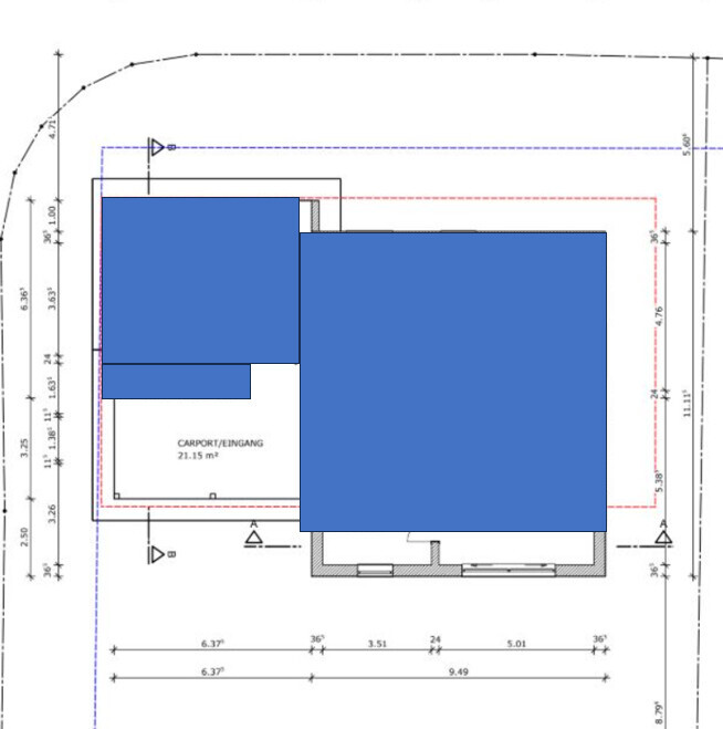 2D-Grundrissplan mit blauen Baukörpern auf einem Grundstücksplan