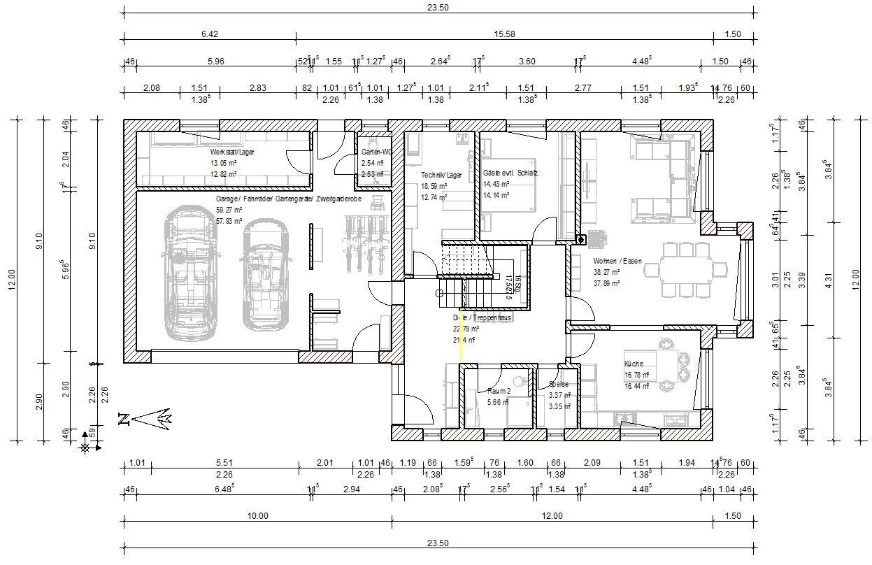 Grundriss eines Einfamilienhauses mit Doppelgarage, Wohn- und Essbereich, Küche und mehreren Zimmern.