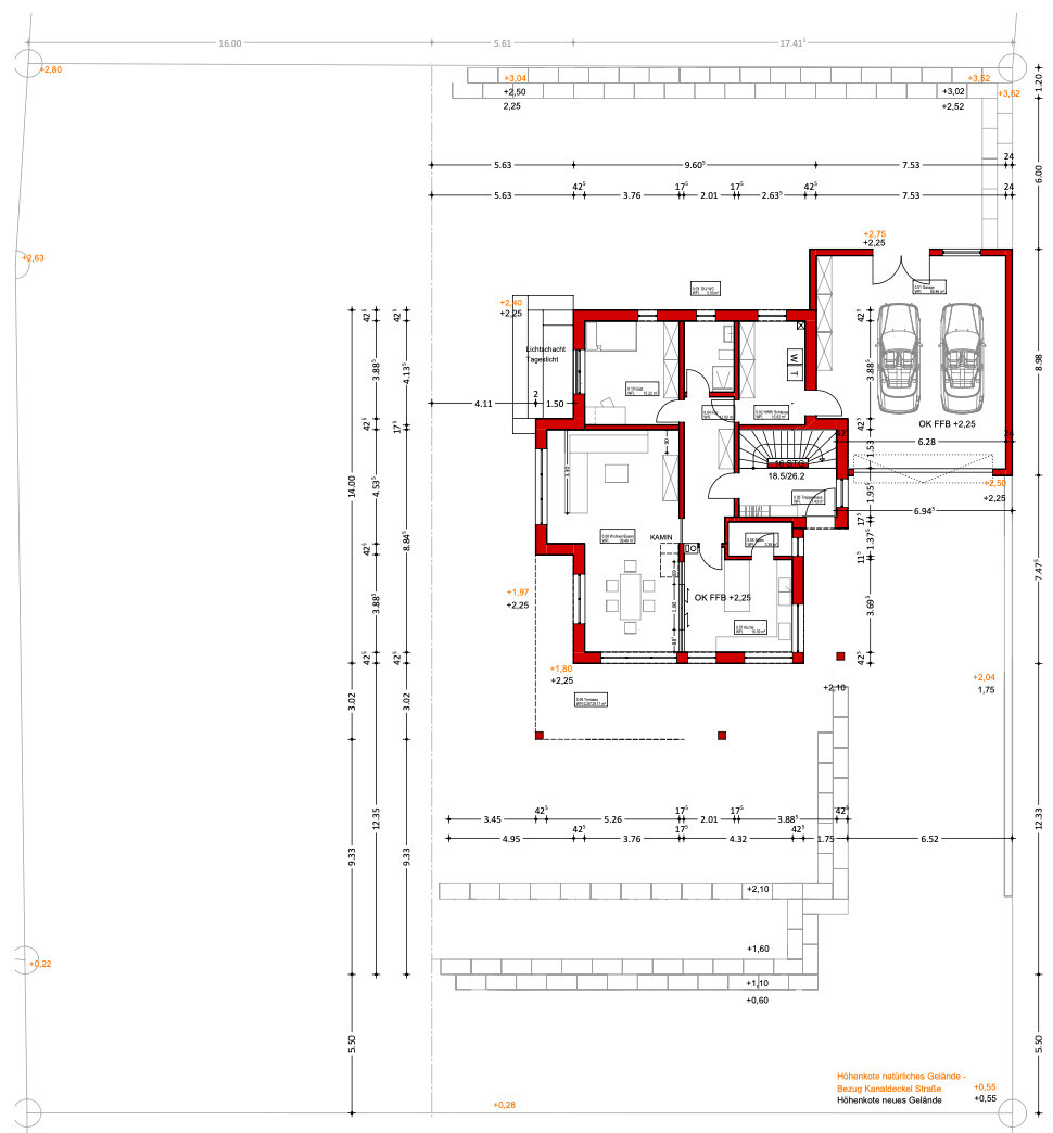 Grundriss eines Hauses: Erdgeschoss mit Doppelgarage, Wohnzimmer, Küche, Essbereich, Treppe.