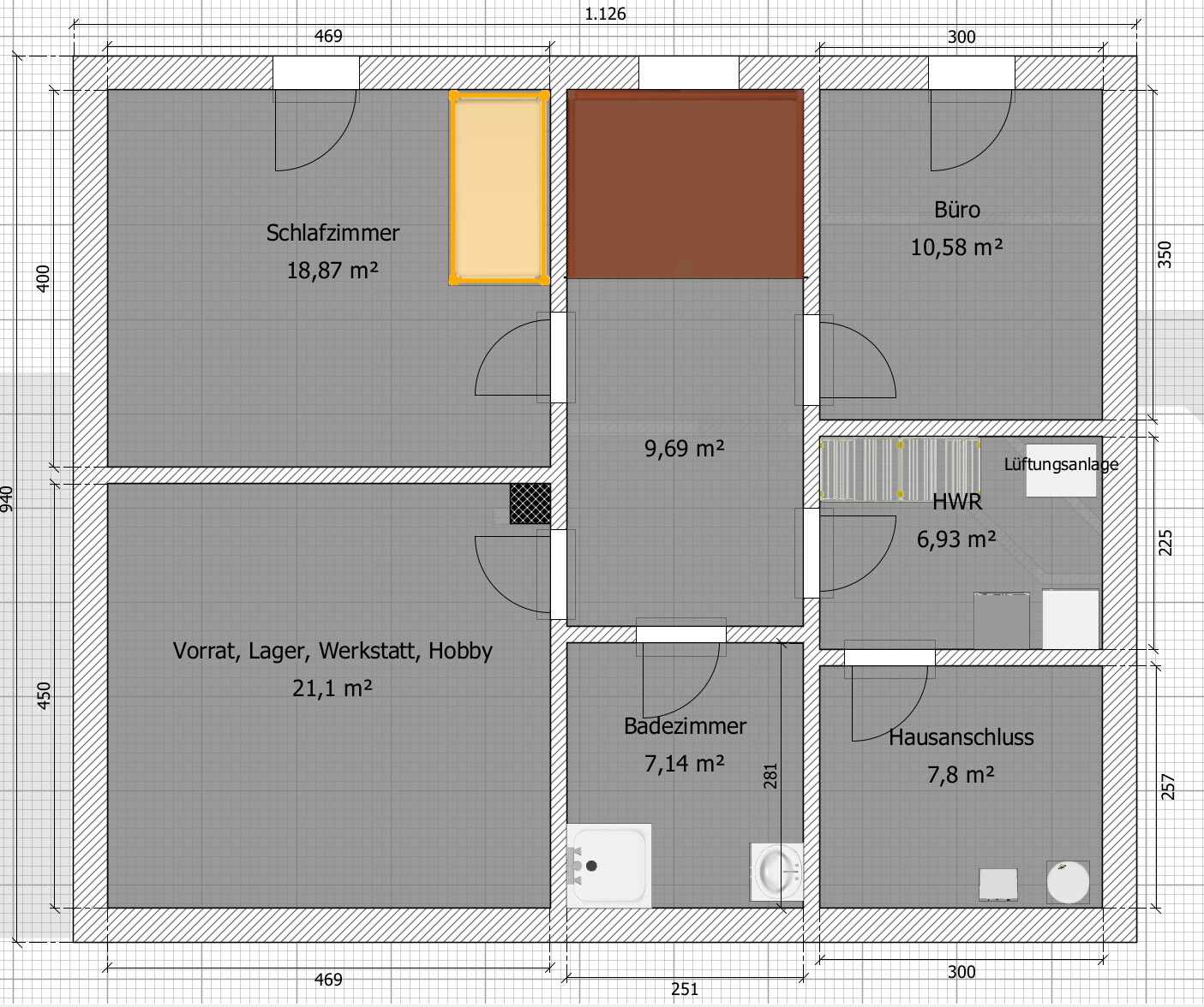 Grundriss eines Hauses mit Schlafzimmer, Büro, Vorrat/Lager/Werkstatt/Hobby, Bad und HWR.