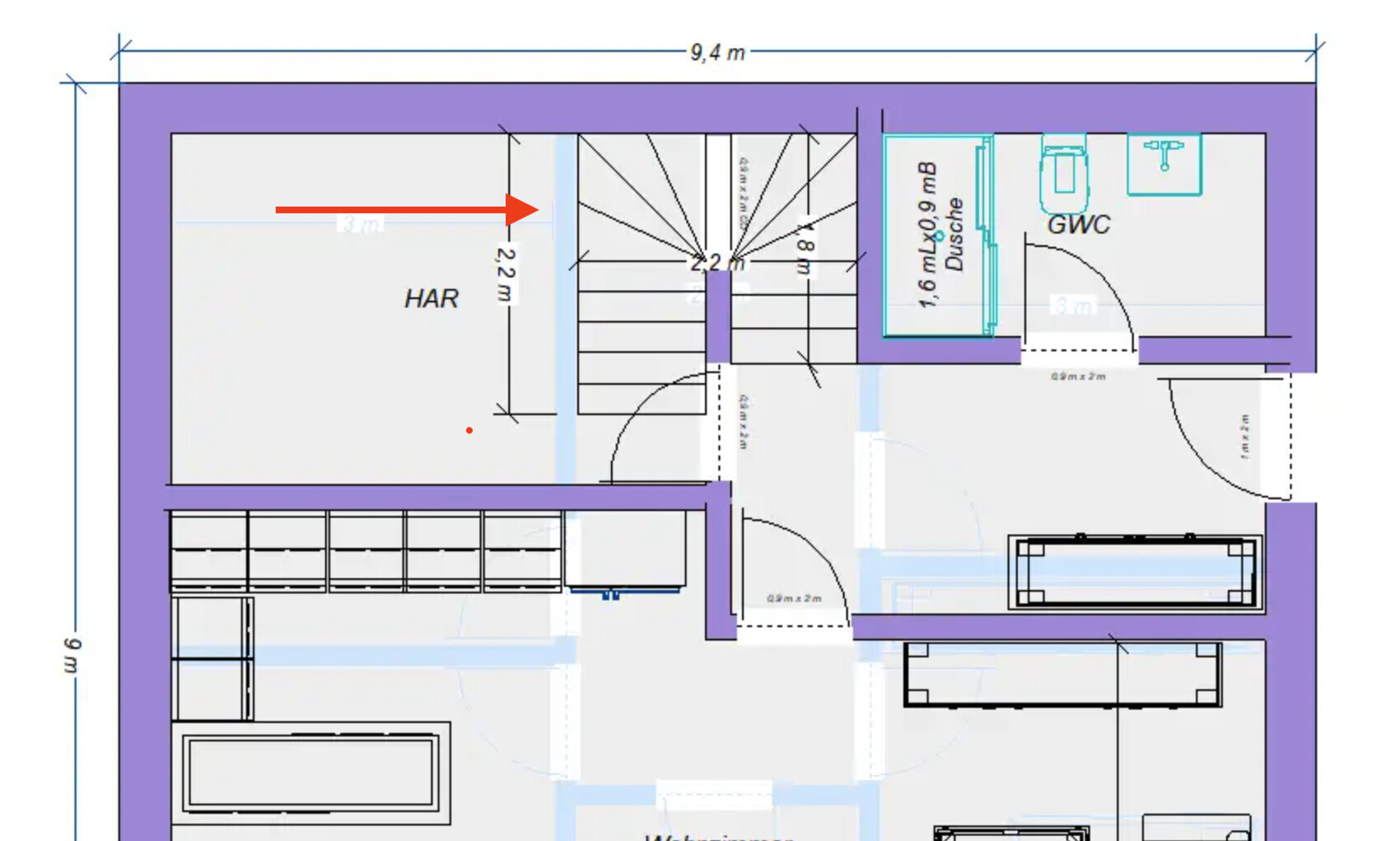 Grundriss einer Wohnung: zentrale Treppe, HAR links, Dusche/GWC rechts, violette Außenwand.