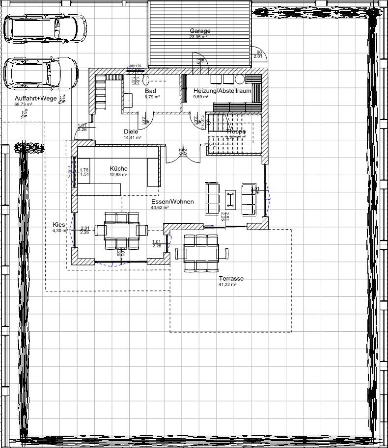 Grundriss eines Hauses: Garage, Küche, Essen/Wohnen, Diele, Bad, Heizung/Abstellraum, Terrasse.