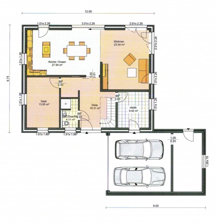 Grundrissplan eines Einfamilienhauses mit Küche, Wohnzimmer, Bad, Gästezimmer und Doppelgarage