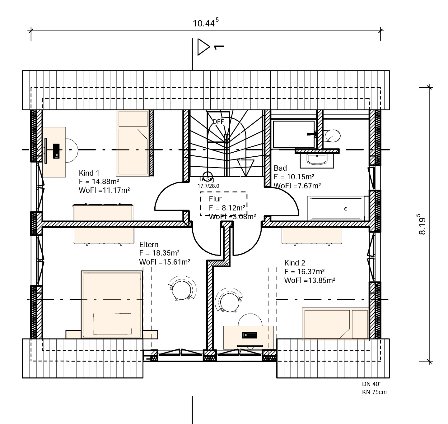 Grundrissplan: Obergeschoss mit Elternschlafzimmer, Kind 1, Kind 2, Flur und Bad