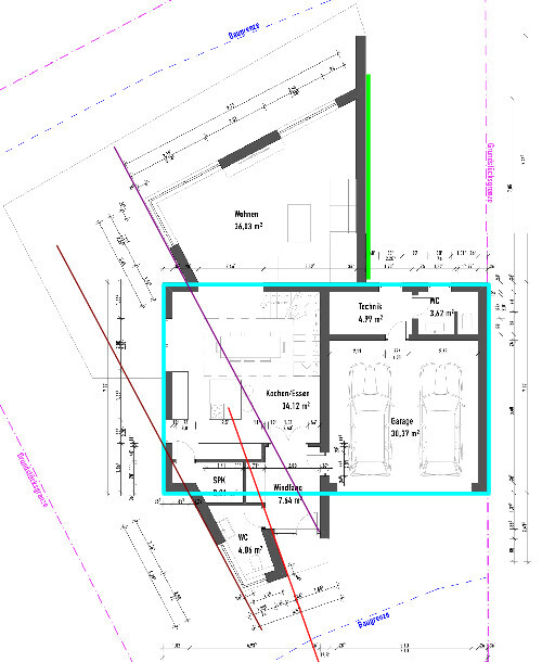 Grundriss eines Hauses mit Küche, Wohnzimmer und Garage im Plan.