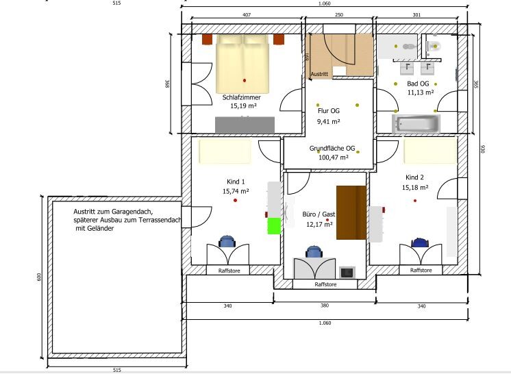 Grundriss Obergeschoss mit Schlafzimmer, zwei Kinderzimmer, Büro/Gast, Bad, Flur.