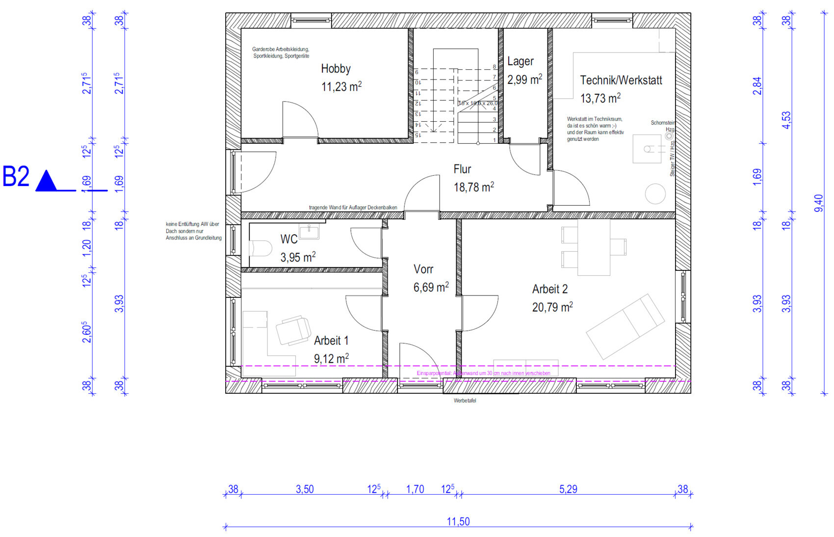 Grundrissplan eines Hauses mit Flur, WC, Hobbyraum, Arbeitsräumen und Werkstatt
