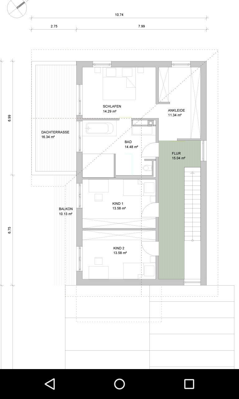 Grundriss eines Mehrzimmerhauses mit Schlafzimmer, Bad, Kindzimmern, Flur und Balkon