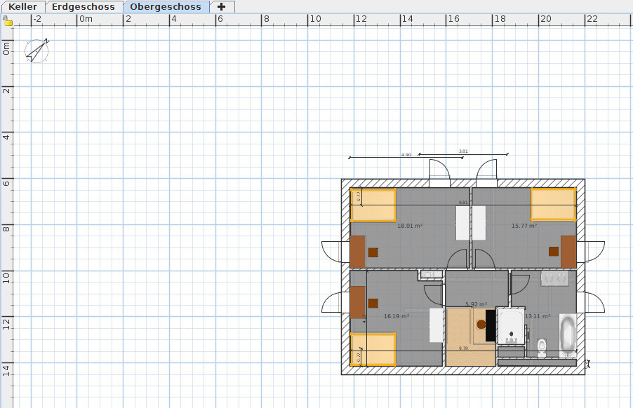Grundriss einer Wohnung mit vier Zimmern, Küche, Bad und Flur; Maße in m².