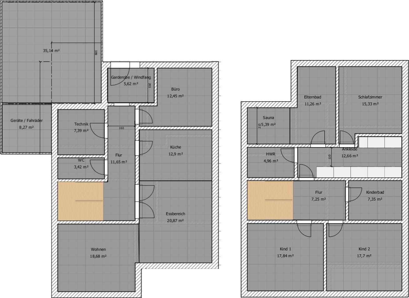 Grundriss eines Einfamilienhauses: Küche, Wohnen, Essbereich, Schlafzimmer, Kinderzimmer, Bad, Flur.