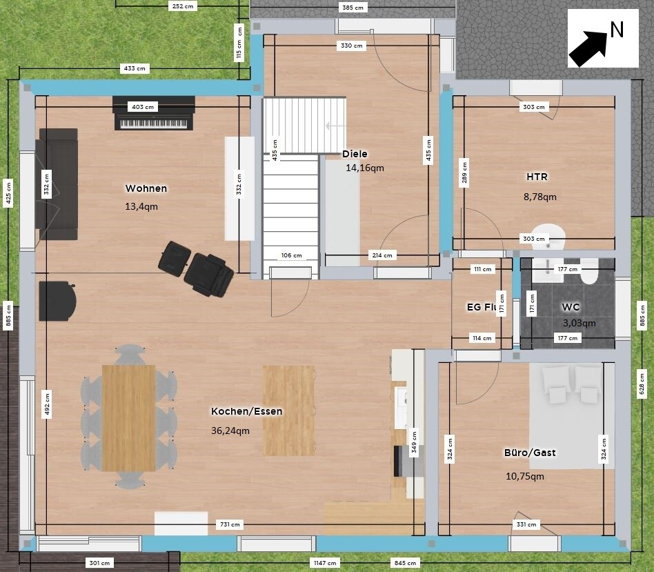 Grundriss eines Hauses: mit Wohnen, Kochen/Essen, Diele, WC, Büro/Gast, Heiztechnikraum.