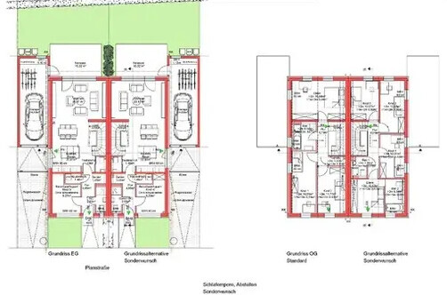 Zwei Grundrisse eines Doppelhauses: EG links, OG rechts, Standard- und Sonderwunsch