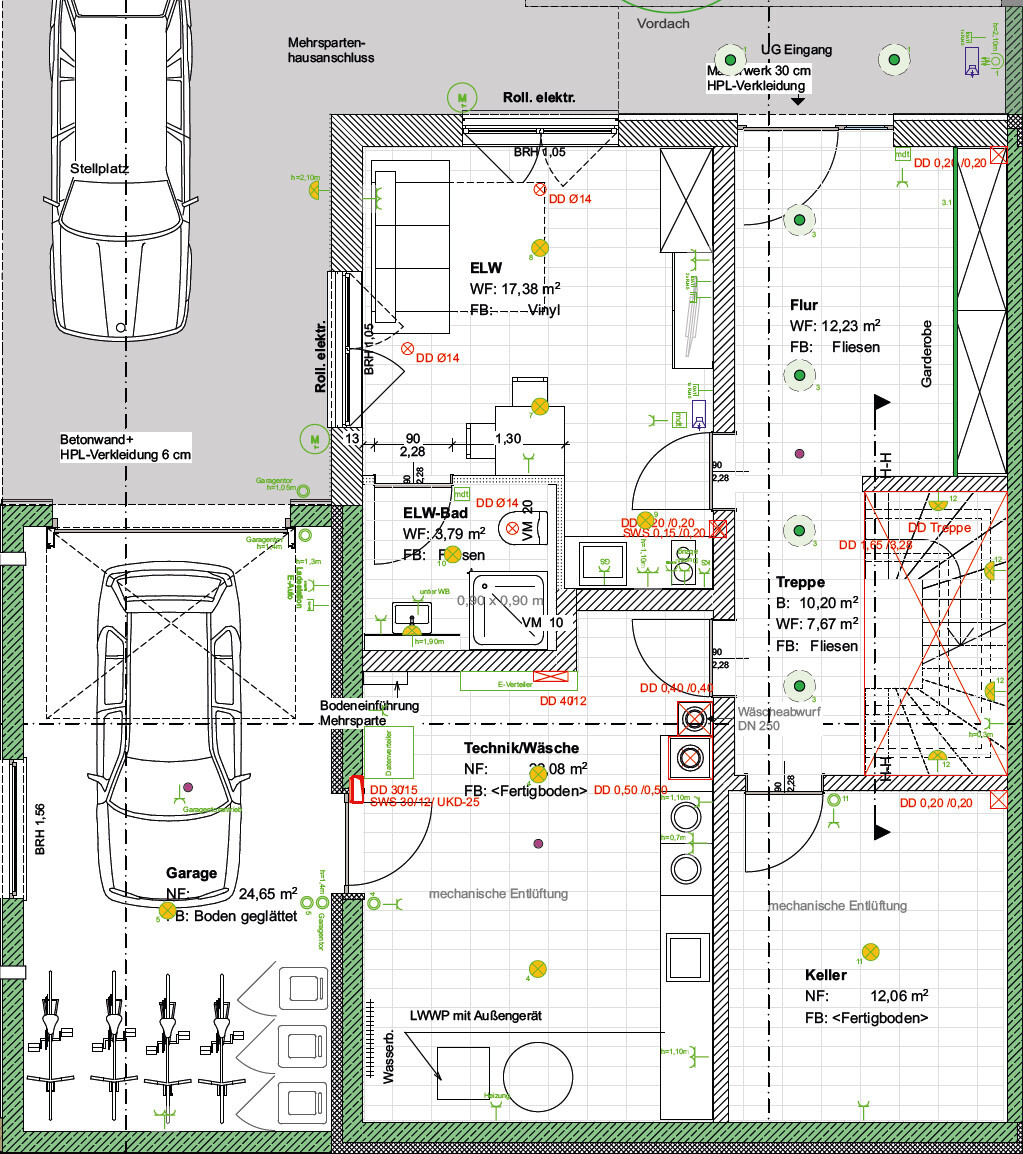 Detaillierter 2D-Hausgrundriss mit Garage, Kellerräumen und Fluren