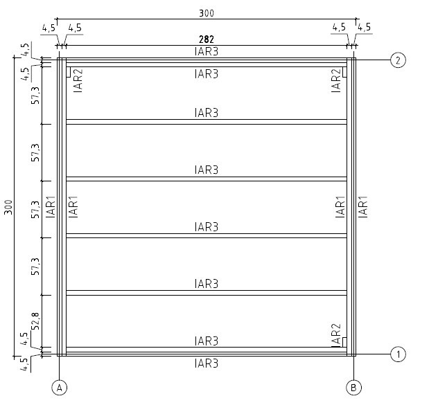 Technische Zeichnung eines rechteckigen Bauteils mit mehreren Linien und A/B-Anschlüssen.