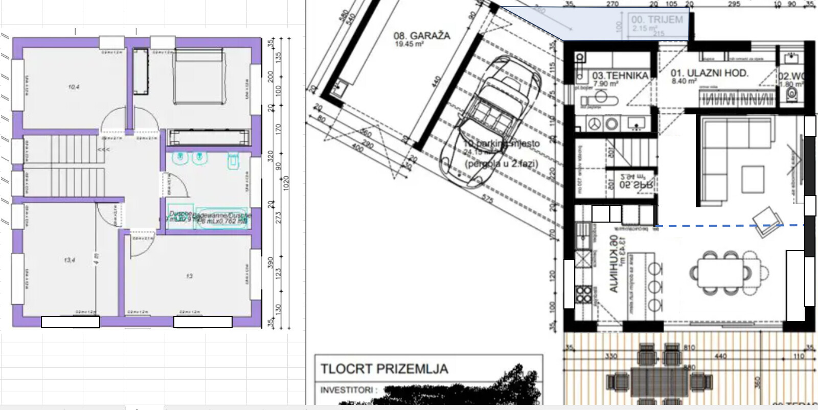 Detaillierter Hausgrundriss mit mehreren Zimmern und Garage