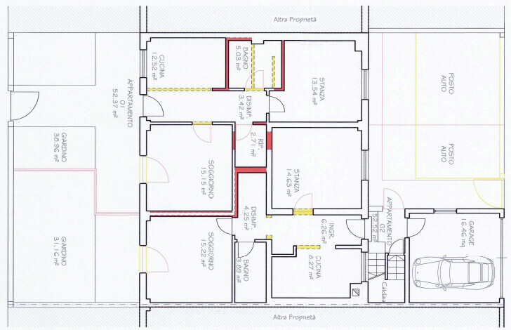 2D Grundrissplan eines Hauses mit Küche, Wohnzimmer, Flur und Bad