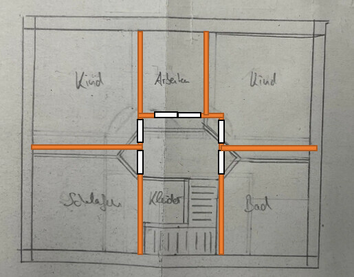 Grundriss eines Hauses: zwei Kinderzimmer oben, Schlafen links, Bad rechts, Arbeitsbereich zentral.