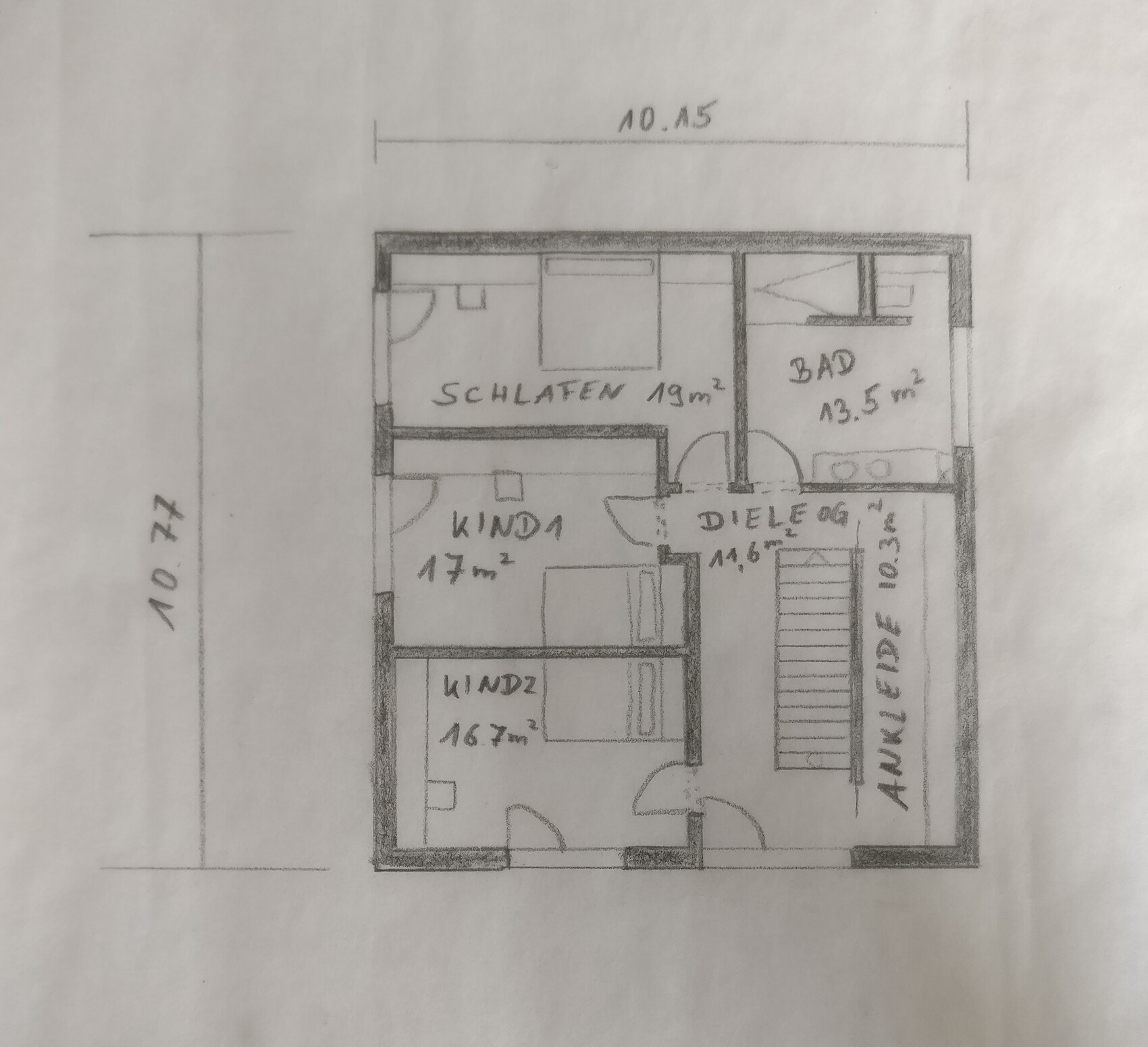 Grundriss eines Wohnhauses: Schlafen 19m2, Bad 13,5m2, Kind 1 17m2, Kind 2 16,7m2, Diele OG.