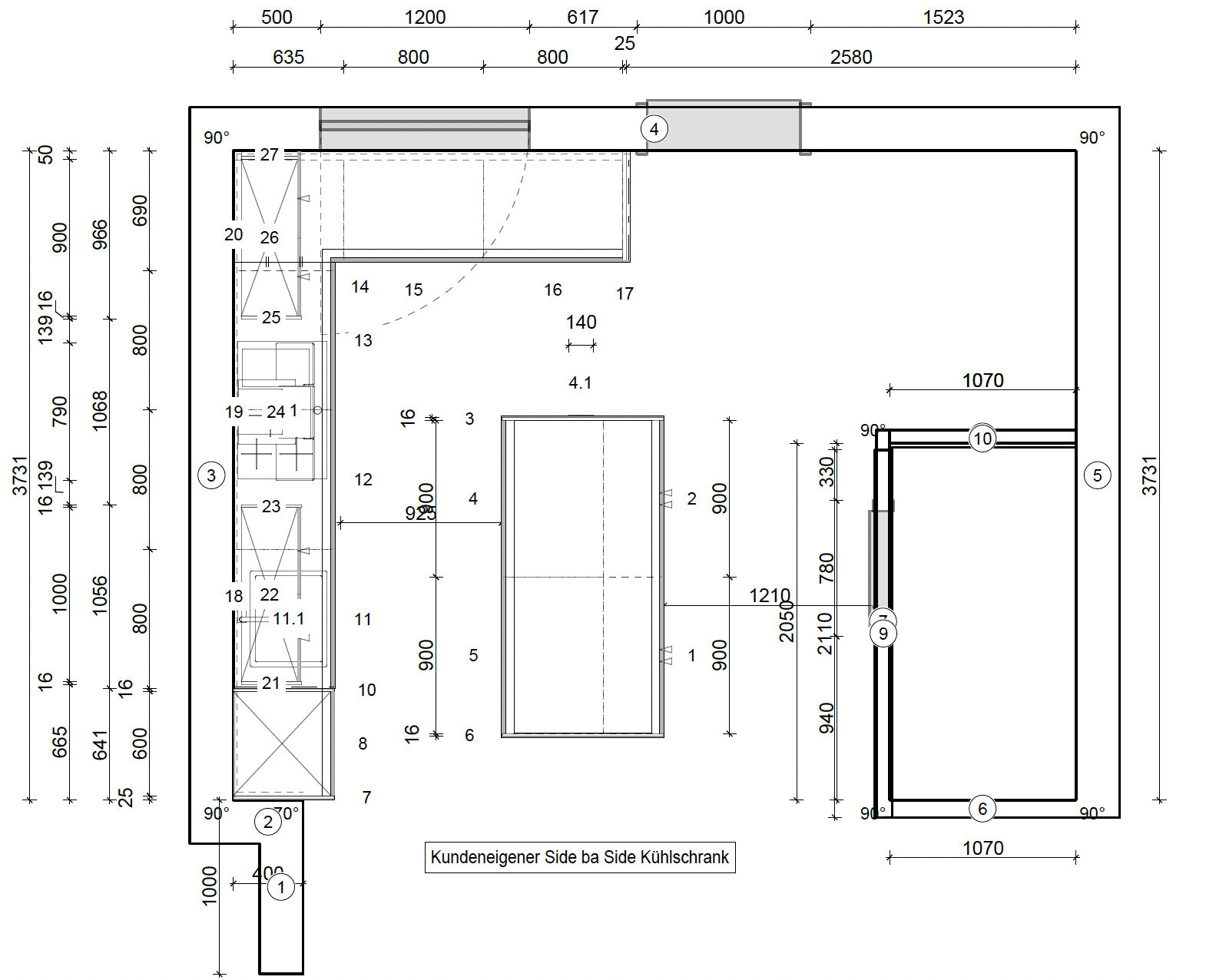 2D-Grundrissplan eines Hauses mit Küche, Wohnzimmer und Schlafzimmer