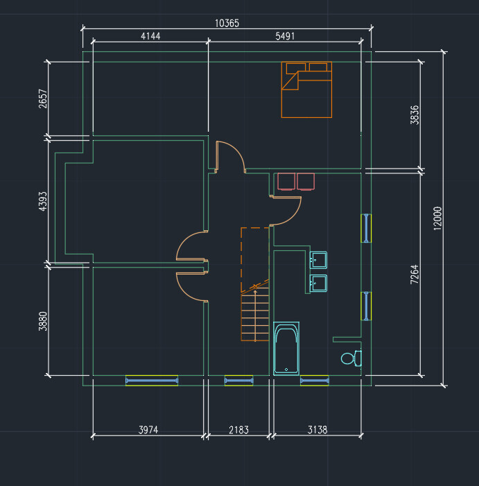 Grundriss eines Wohnungsplans mit Schlafzimmer, Küche, Bad, Treppe und Türen; Maßangaben vorhanden.